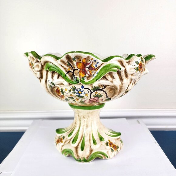 Vintage Large Capodimonte Rose Ceramic Flowers Compote  Capdimonte Large Decorative Floral Bowl Italy